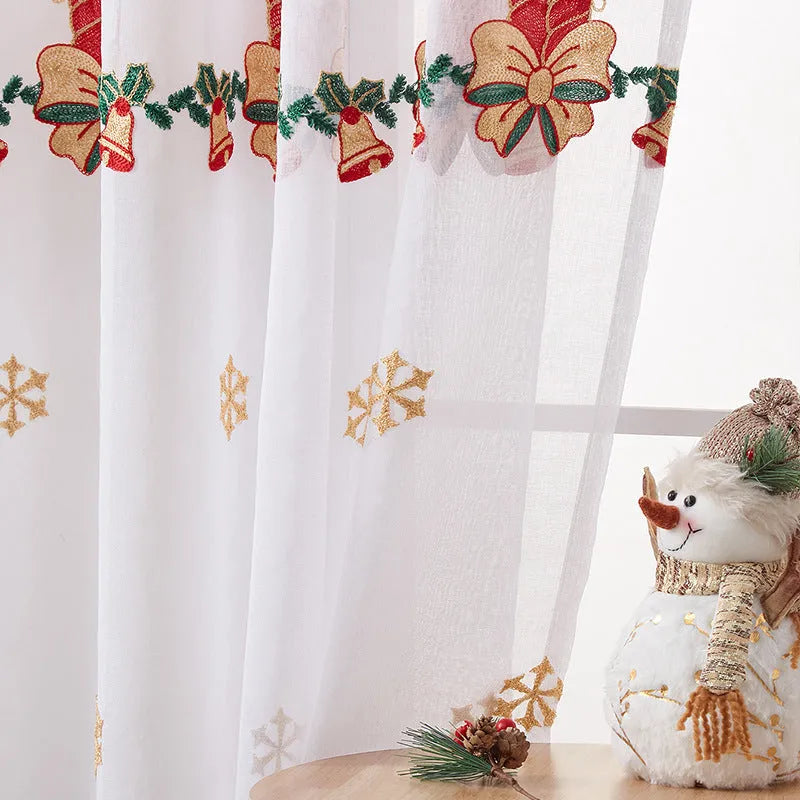 American Christmas curtain pair with white snowflake embroidery on red polyester fabric