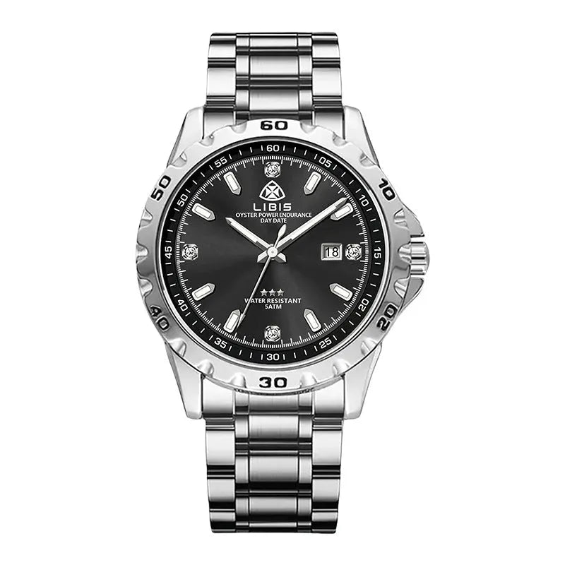 Silver men's quartz watch with luminous hands and stainless steel strap on wrist