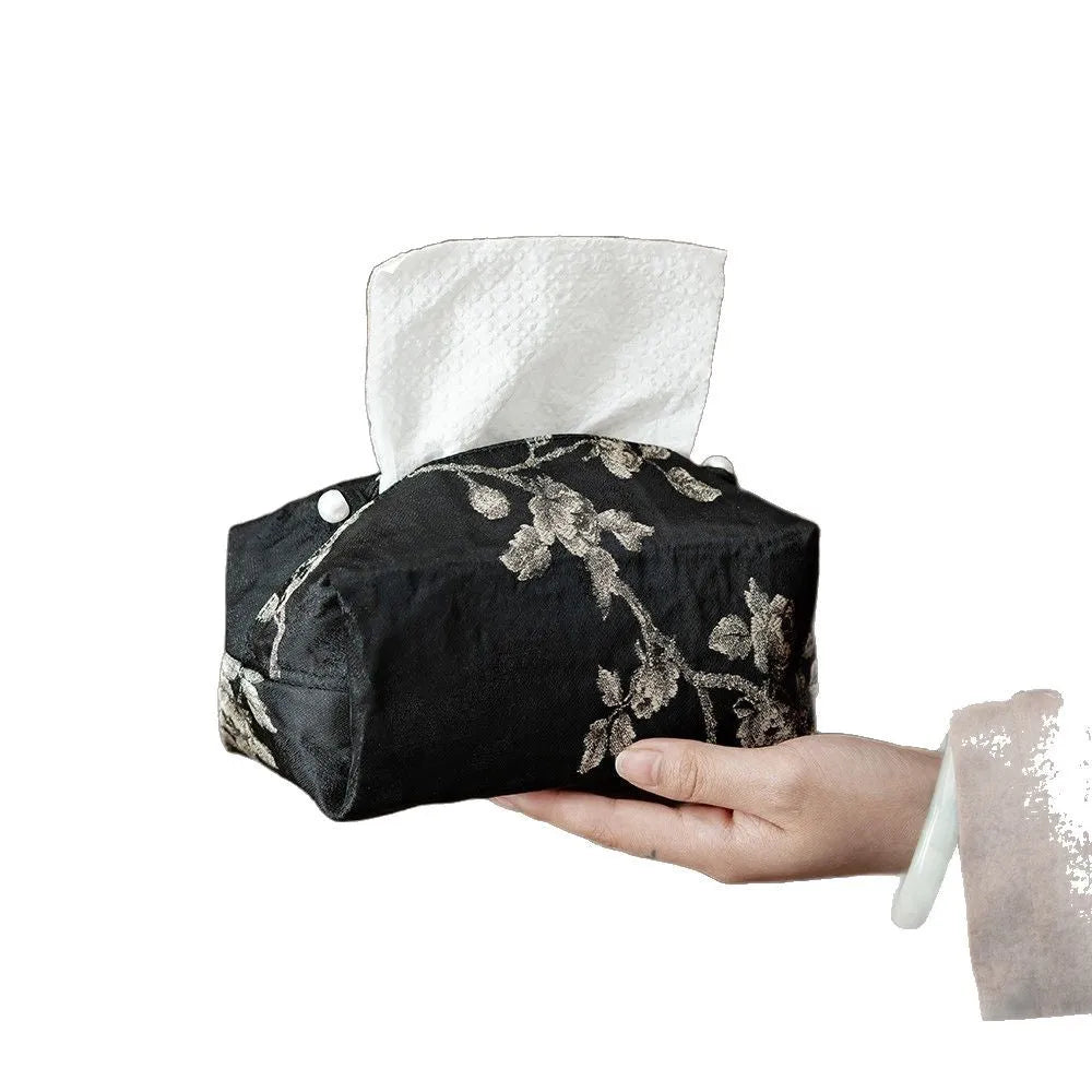 New Chinese style brocade tissue box cover with white plum embroidery, showing pearl buckle variant.
