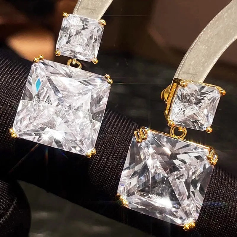 Geometric square copper earrings with quadrilateral design in white gold or gold colour options