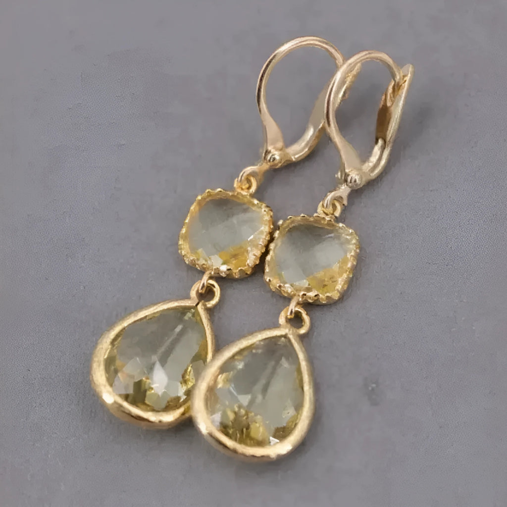 Gold geometric long fringe earrings with water droplet crystals in retro European-American style