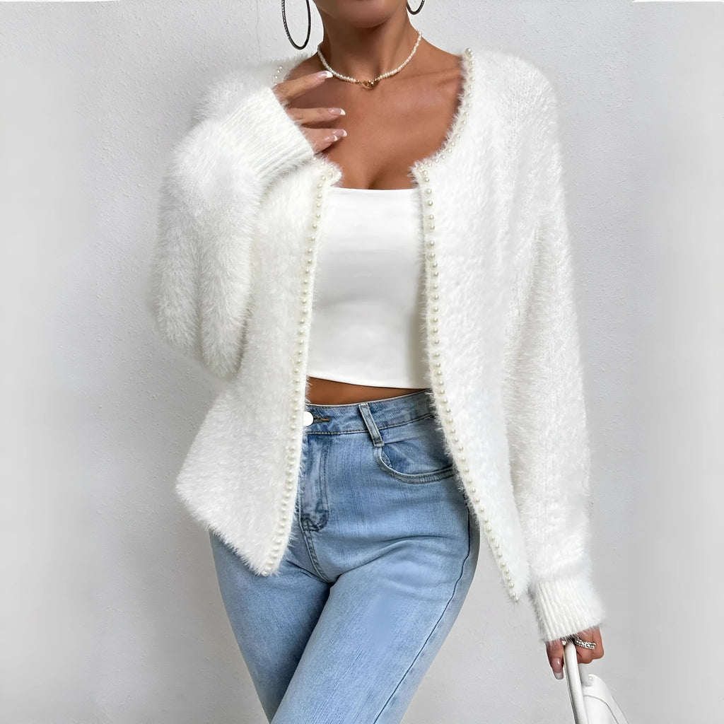 Women's white V-neck cardigan sweater made from polyester bead knitwear fabric