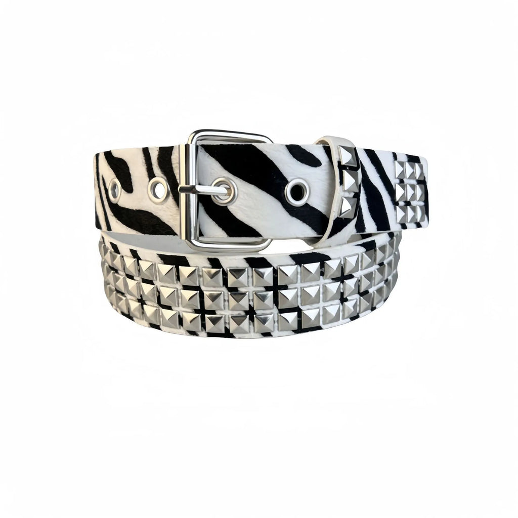 Women's punk style belt with decorative metal rivets on PU leather in animal print pattern with alloy buckle