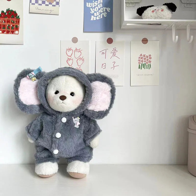 Grey elephant-print plush jumpsuit for a 30cm doll, shown as a one-piece suit.