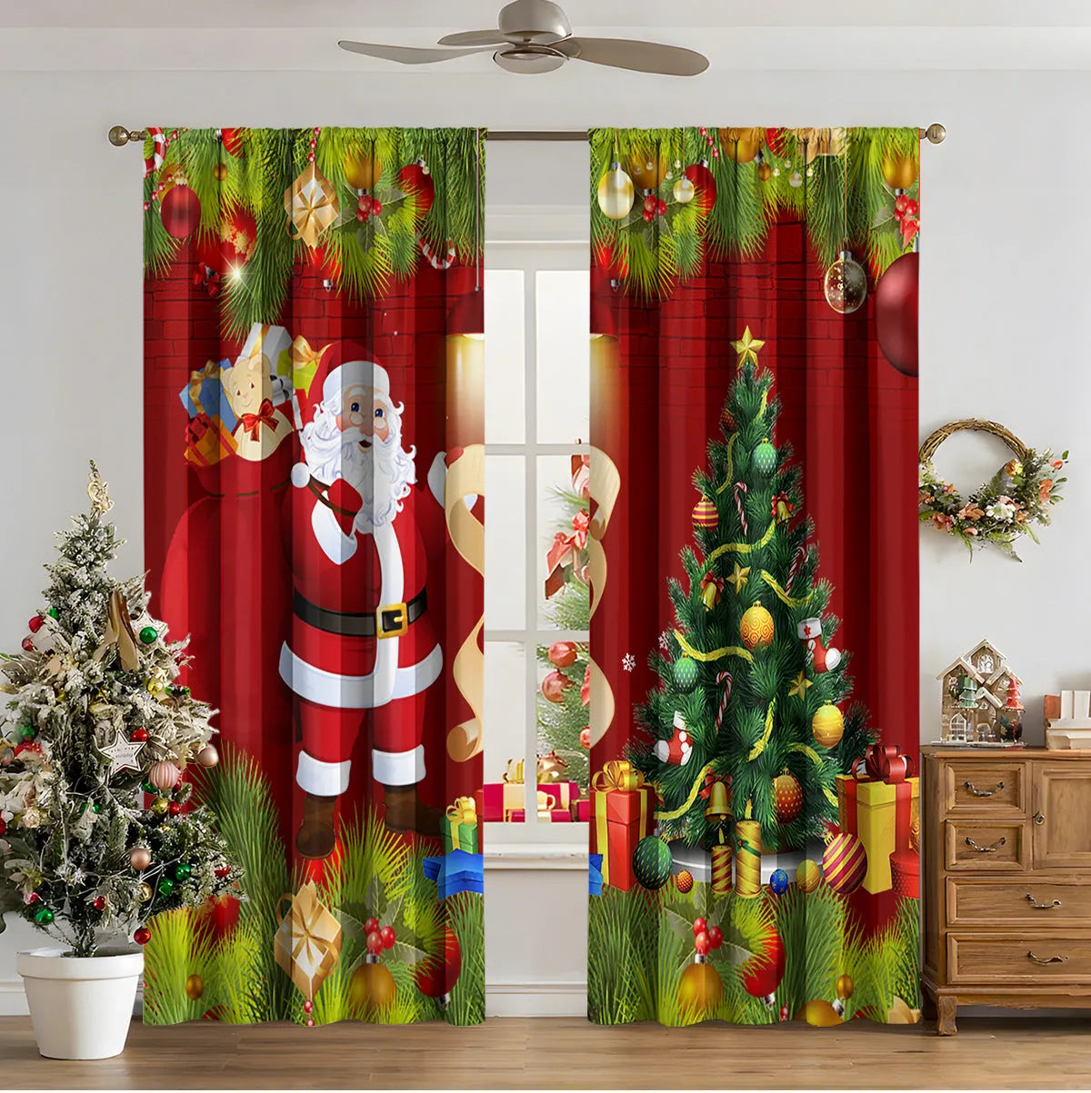 Pair of 3D digitally printed Christmas curtains in a modern design, made from polyester fabric.