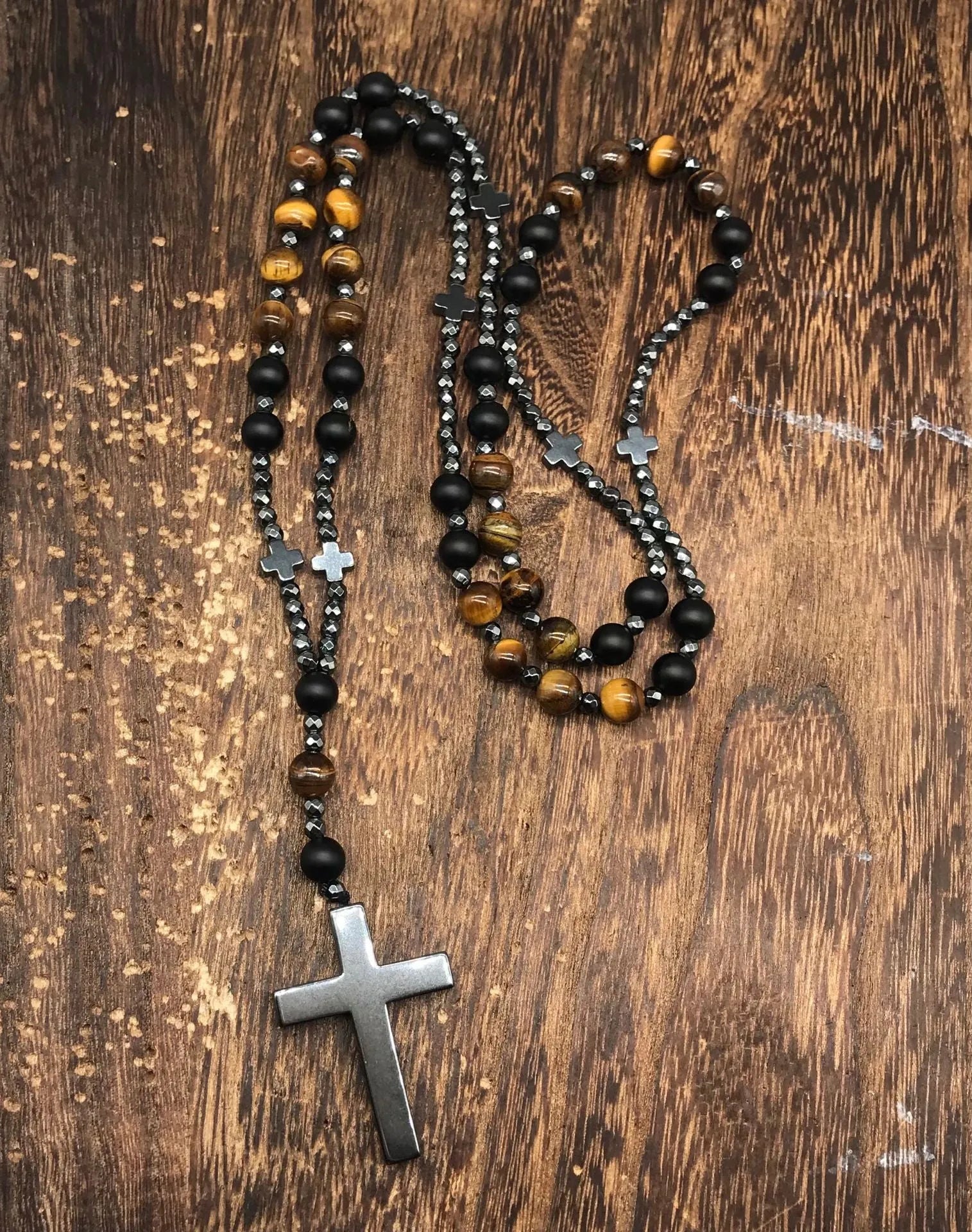 Men's stone cross pendant necklace on 80cm ball bead chain with safety lock clasp
