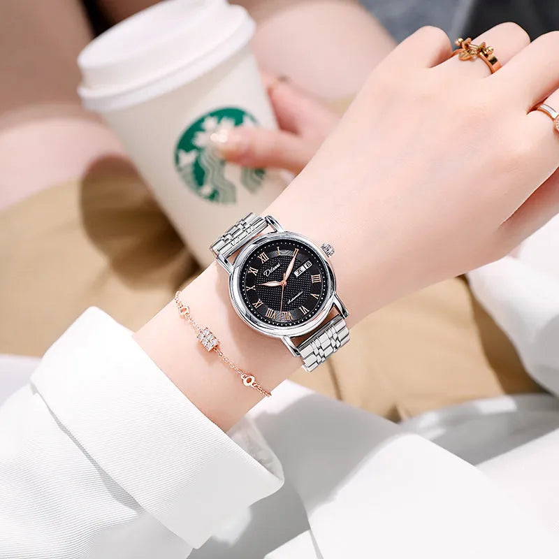 Women's automatic mechanical watch with 12mm case on steel belt and leather strap in various colours.