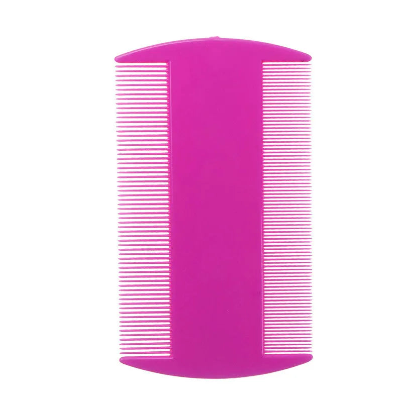 A white double-sided fine-toothed plastic comb for lice removal, shown on a blue background.