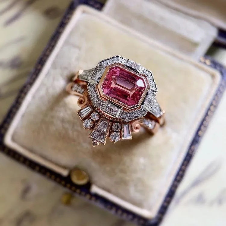 Rose gold geometric women's fashion ring in a retro style on a white background.