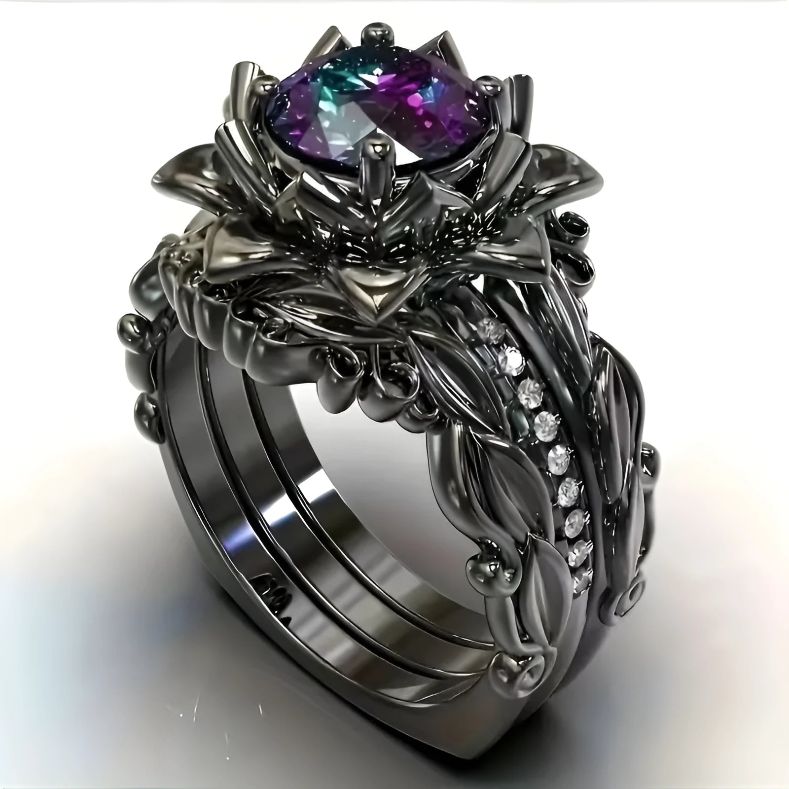 Rose design alloy ring with zircon inlay, shown in rose gold, black pink diamond, and black seven-colour rhinestone colour options.