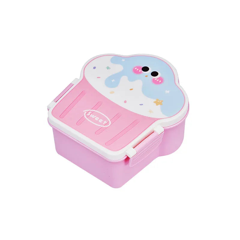 Pink and blue creative ice cream shaped plastic lunch box with compartments, includes spoon and fork.