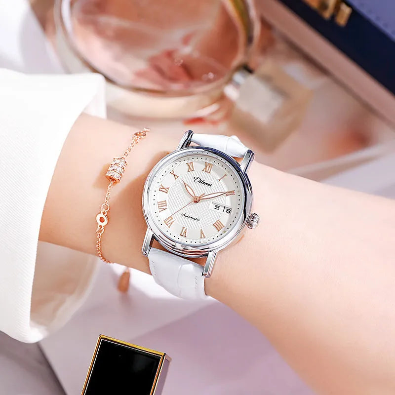 Women's automatic mechanical watch with 12mm case on steel belt and leather strap in various colours.