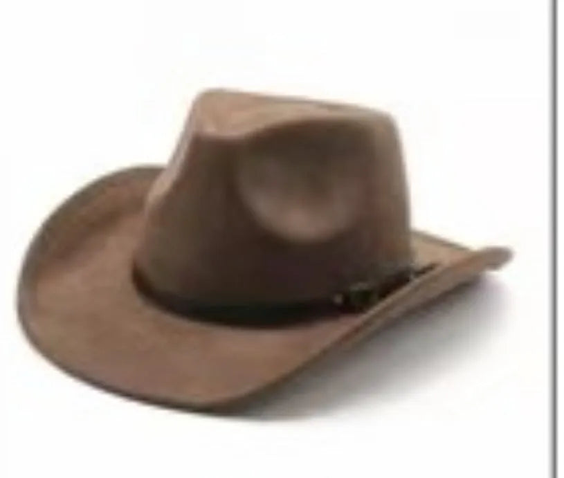 Brown leather velvet cowboy hat with curved brim and conical crown on a wooden post.