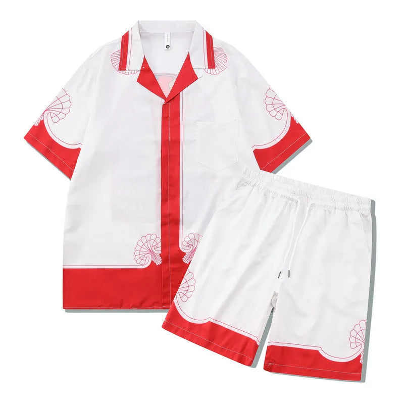 Men's plaid print beach outfit with short sleeve shirt and matching pants set