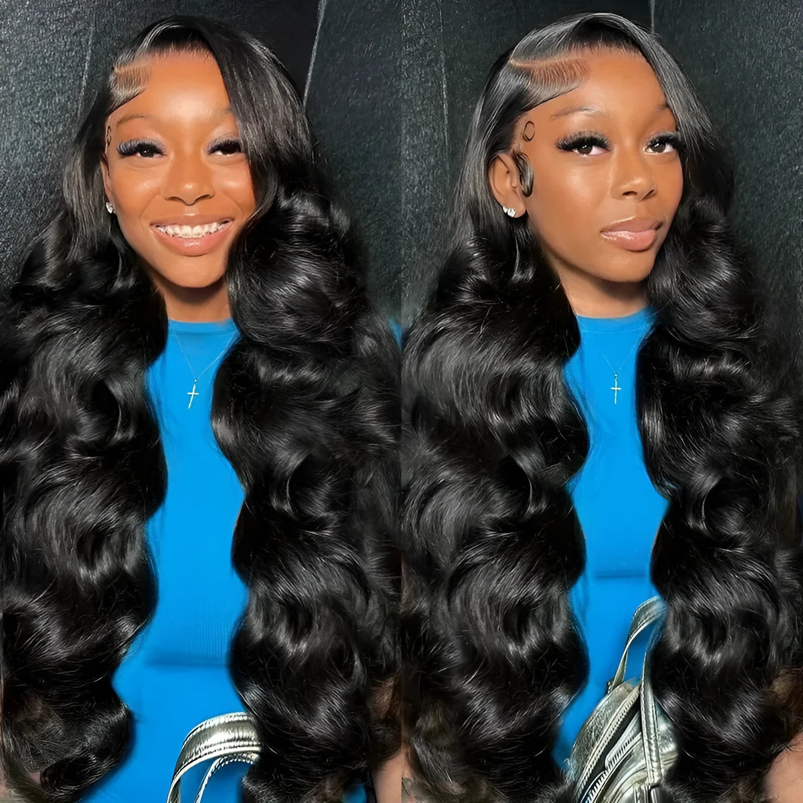 Black lace big wave synthetic wig on a mannequin head showing long curly hair.