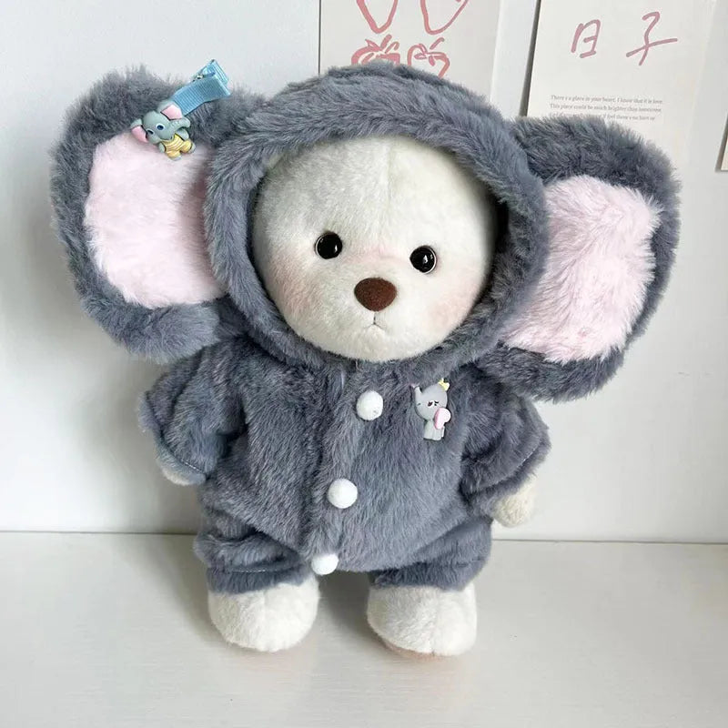 Grey elephant-print plush jumpsuit for a 30cm doll, shown as a one-piece suit.
