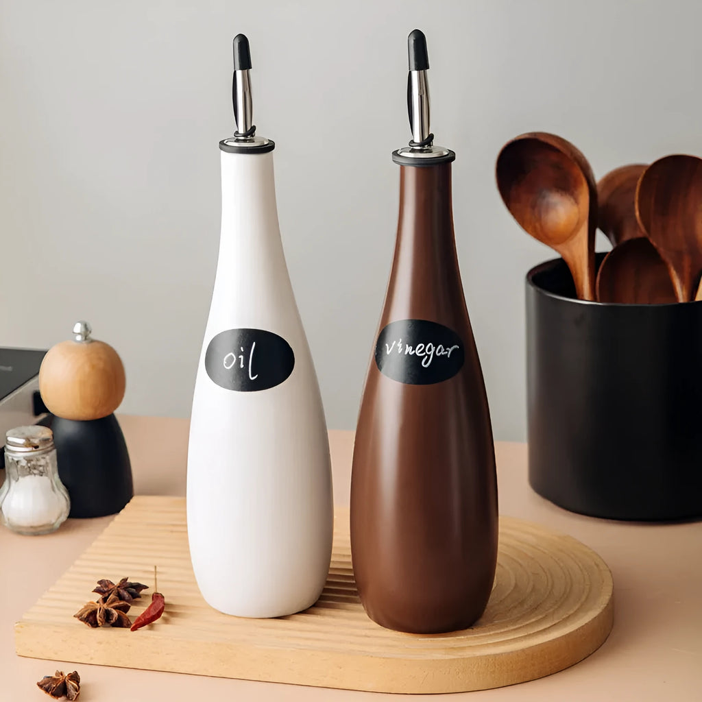 Ceramic kitchen oil pot with removable funnel and integrated brush holder in three colour options