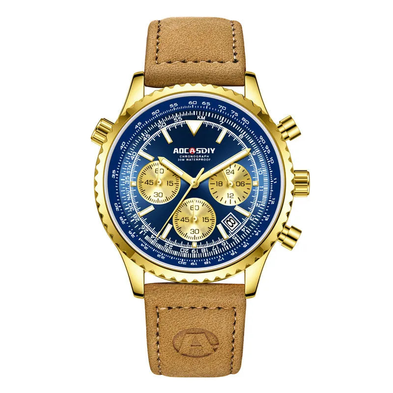 Men's quartz watch, 14mm thick, waterproof and luminous, silver or gold case with green, blue, or white surface