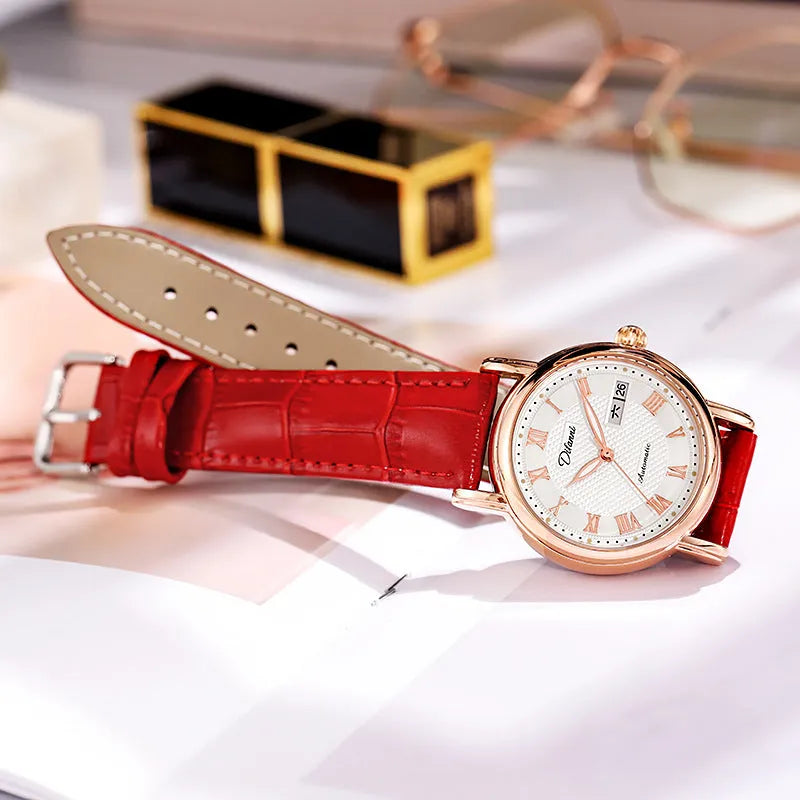 Women's automatic mechanical watch with 12mm case on steel belt and leather strap in various colours.