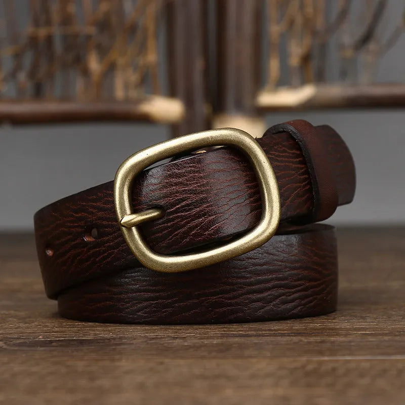 Handmade vintage-style women's leather belt with copper buckle in brown.
