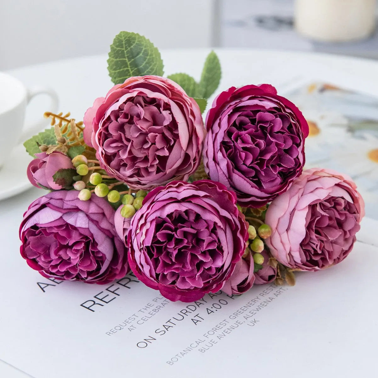 Artificial silk peony flower bouquet in Champagne gold and Sand Red terracotta colours for home decoration.
