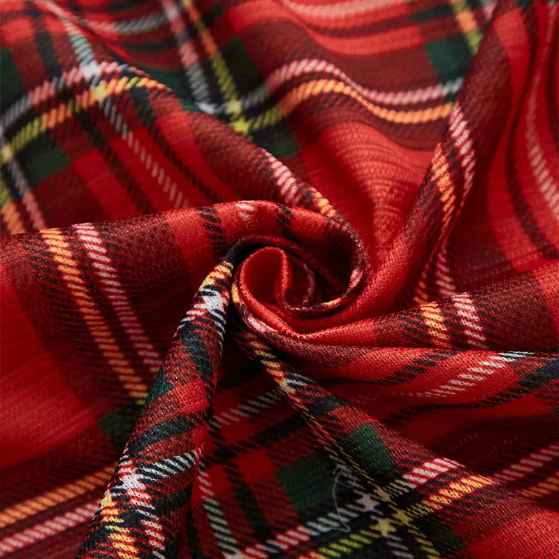 Rectangular red and blue Christmas printed curtain with semi-shade function.