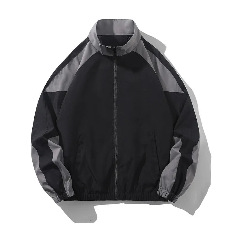 Men's black casual jacket with contrast stitching and side seam pockets, shown on a model.