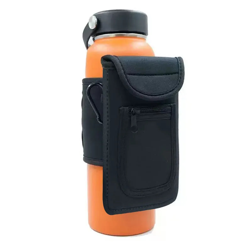 Fitness magnetic water bottle sleeve in black with a carabiner clip, shown on a sports bag.
