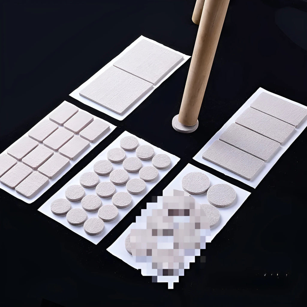 Beige plastic furniture protection pads in five sizes including round and square options