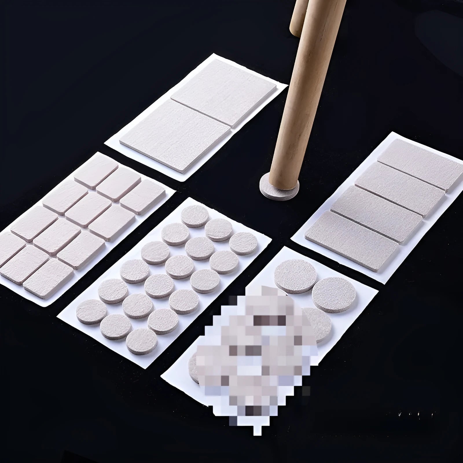 Beige plastic furniture protection pads in five sizes including round and square options