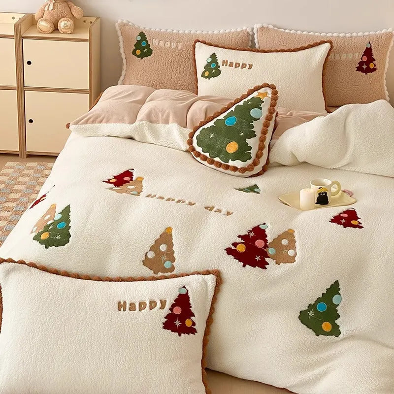 Bright yellow fleece-lined duvet cover with cartoon Christmas tree print, part of a four-piece milk fibre bedding set.