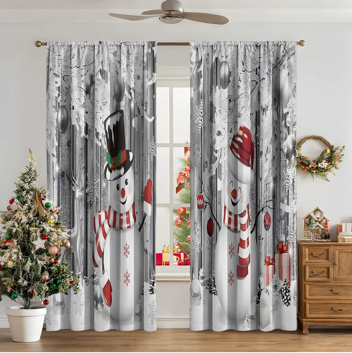 Pair of 3D digitally printed Christmas curtains in a modern design, made from polyester fabric.