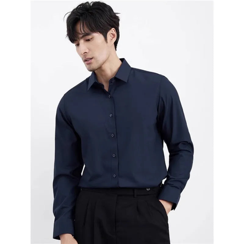 Wine red men's slim-fit long sleeve shirt with cardigan style, on a hanger.