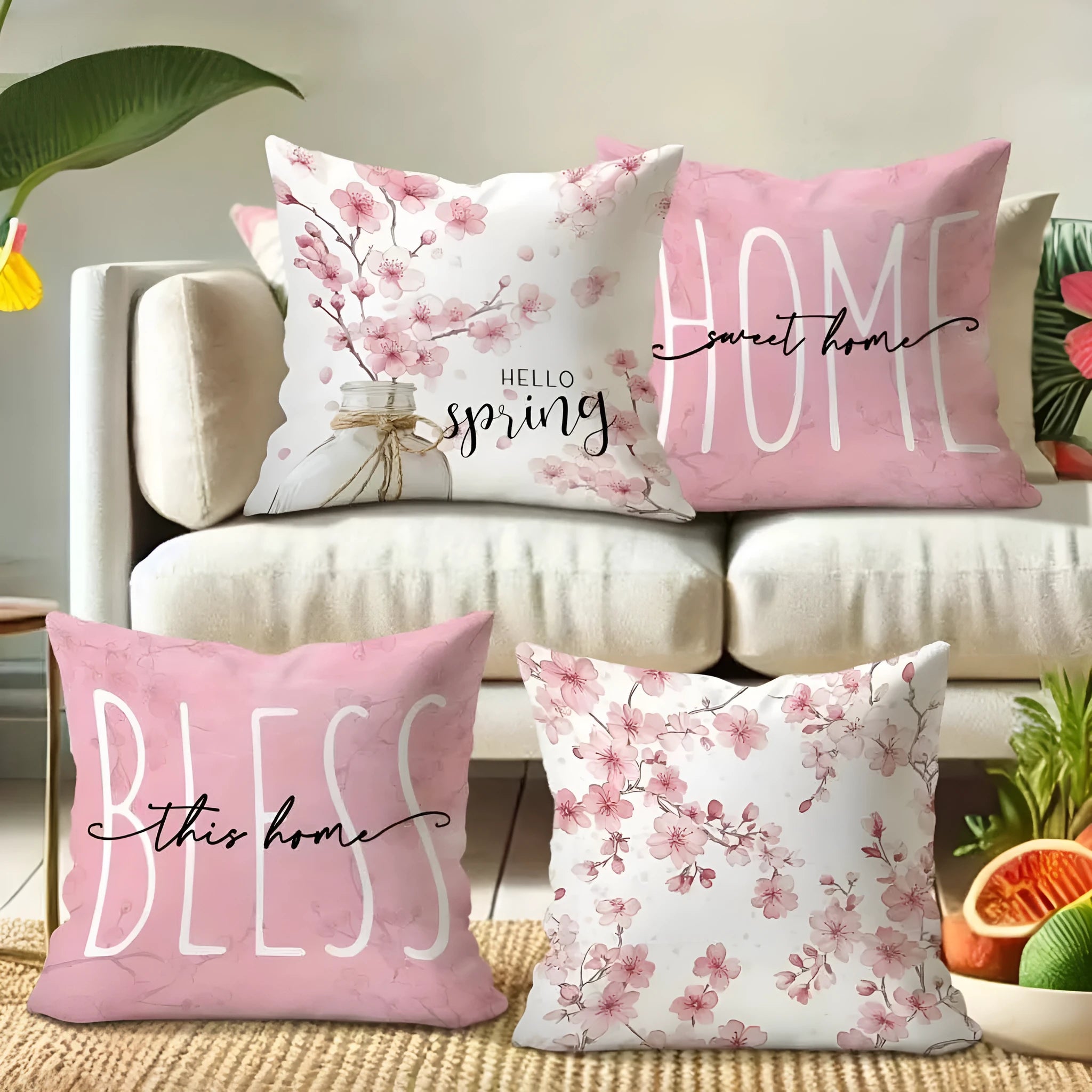 Square short velvet cushion cover with cherry blossom and letter print, 45cm size, shown in one of four HDRD192 colour options
