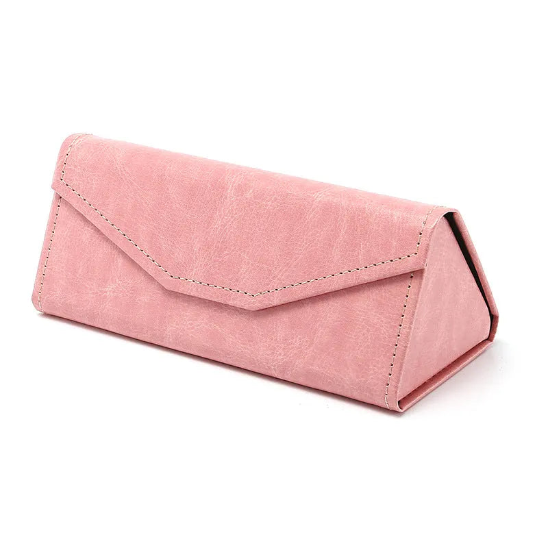 Handmade PU cowhide glasses case in triangle folding design with compression-resistant construction