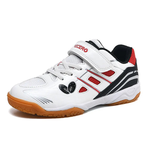 White and blue PVC low-top badminton shoes with hand-painted detail and a ribbed sole.