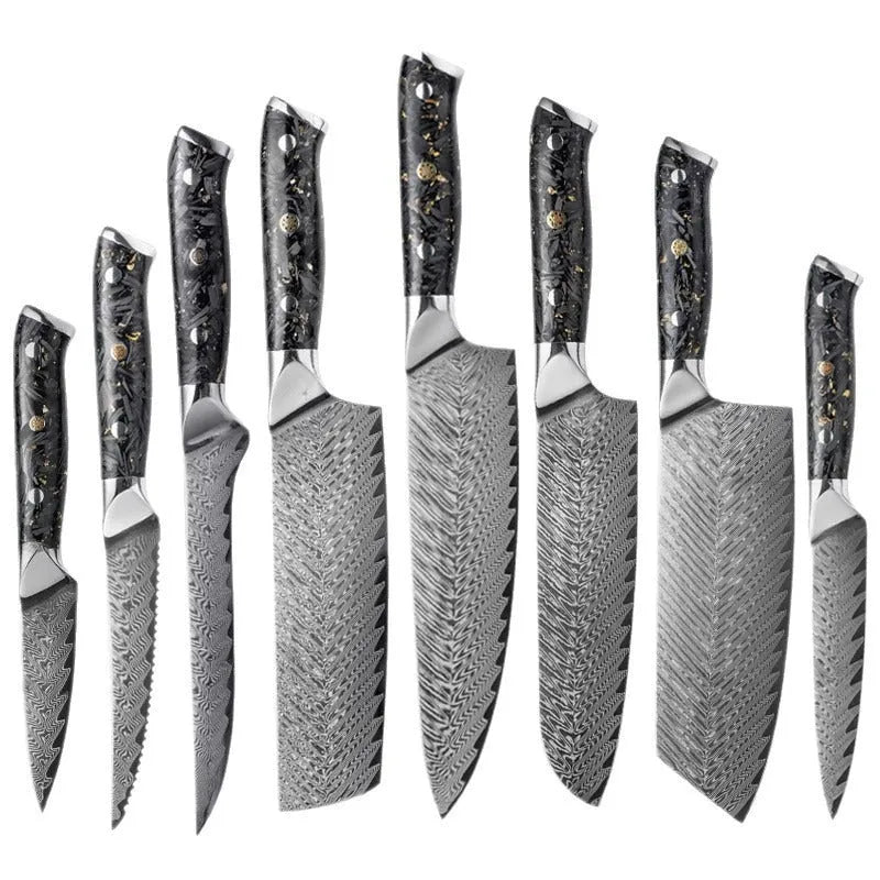 Eight-piece Damascus steel kitchen knife set showing fishbone pattern blades on a wooden surface.