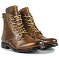 Men's black and brown two-tone leather ankle boots with a side zipper on a white background.