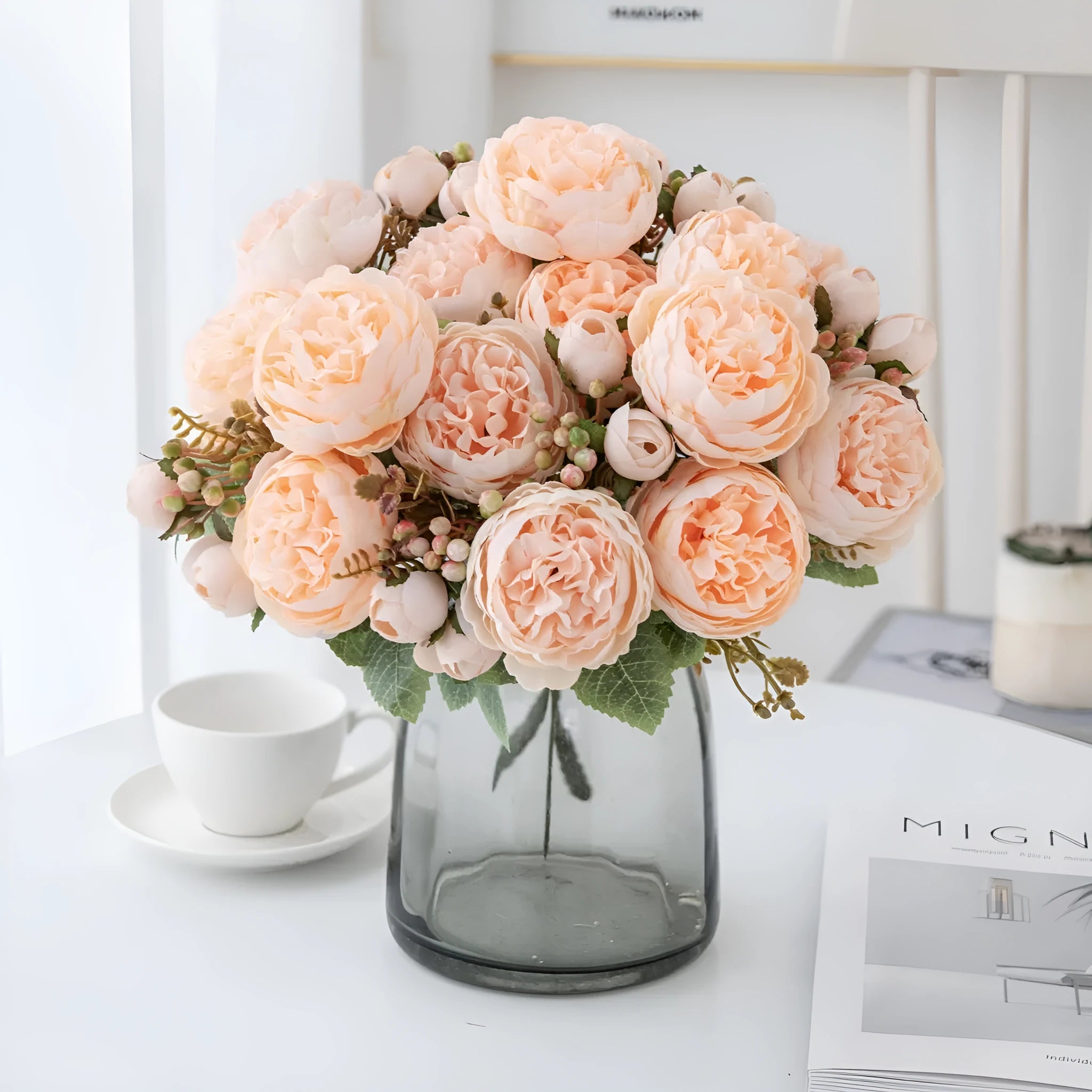 Artificial silk peony flower bouquet in Champagne gold and Sand Red terracotta colours for home decoration.