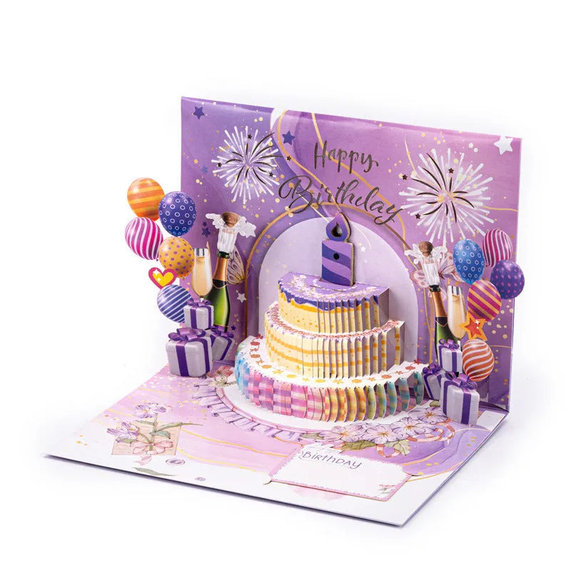 Open 3D cake greeting card with Chinese ink style artwork, showing its manually folded paper construction.
