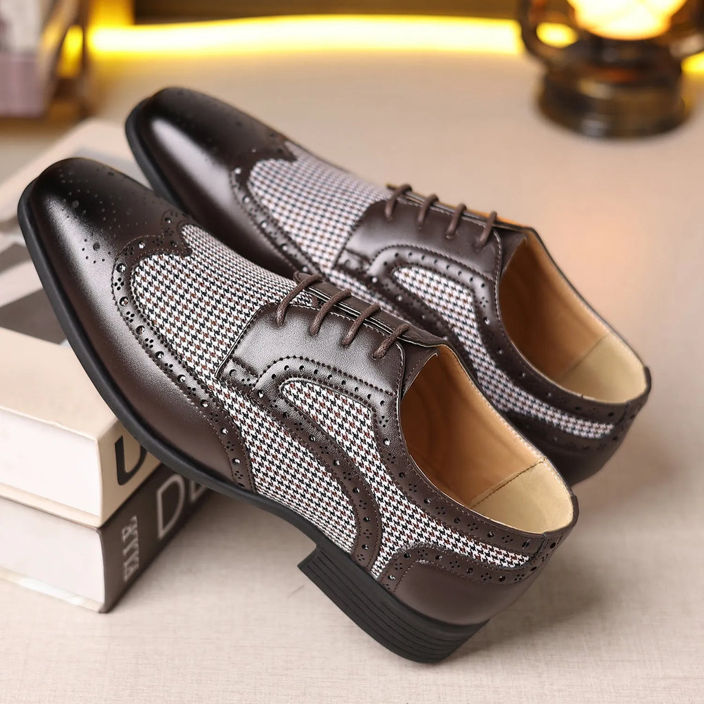Men's black houndstooth plaid casual lace-up shoes with a square toe and rubber sole.