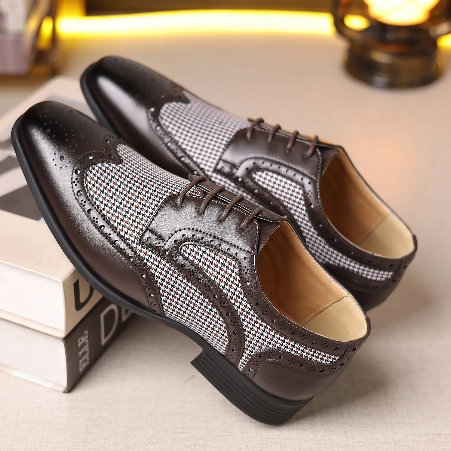 Men's black houndstooth plaid casual lace-up shoes with a square toe and rubber sole.