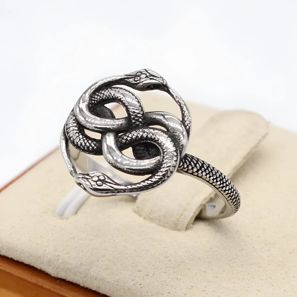 Close-up of a steel-coloured titanium steel ring featuring a detailed double snake design on a dark background.