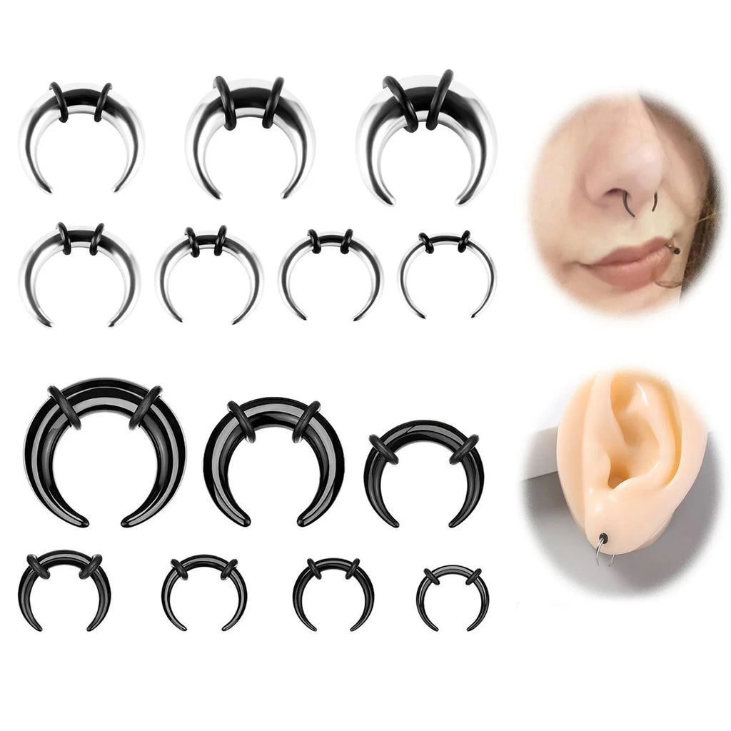 Close-up of a C-shaped buffalo horn style nose ring made from 316L stainless steel, showing steel colour and black finish options.