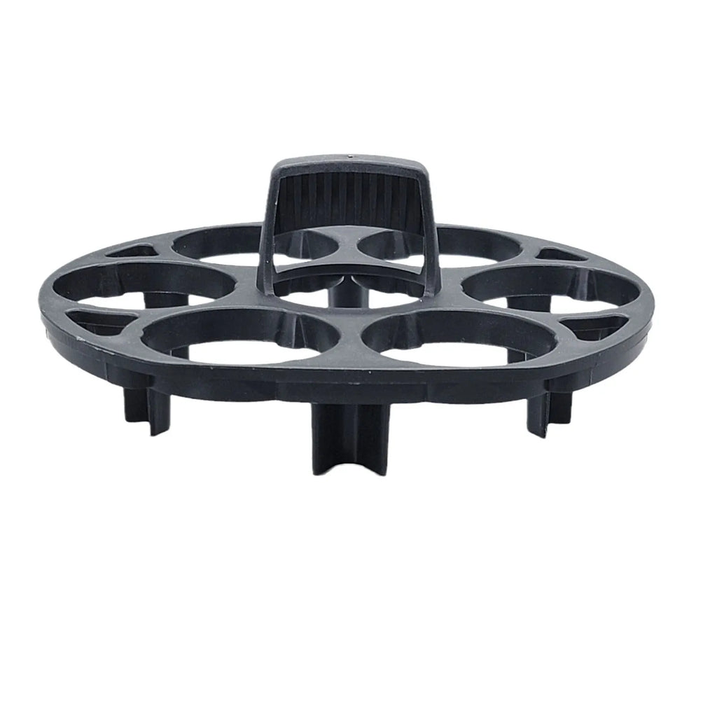 Black plastic egg holder rack measuring 13.8 by 12.6 cm for kitchen organisation