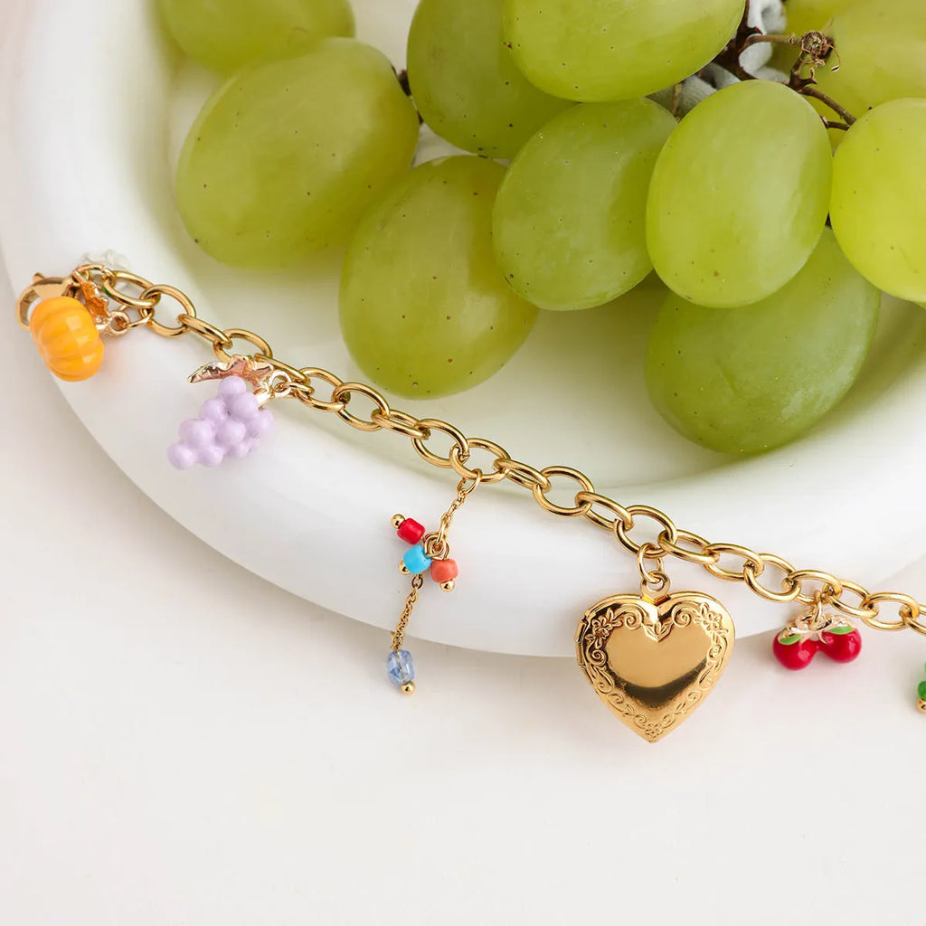 18K gold stainless steel bracelet with grape cherry and lemon fruit motifs for women