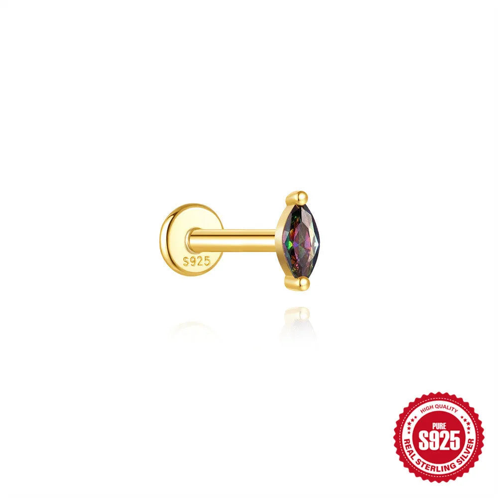 S925 sterling silver flat head thread piercing earring with rainbow stone in single gold colour.