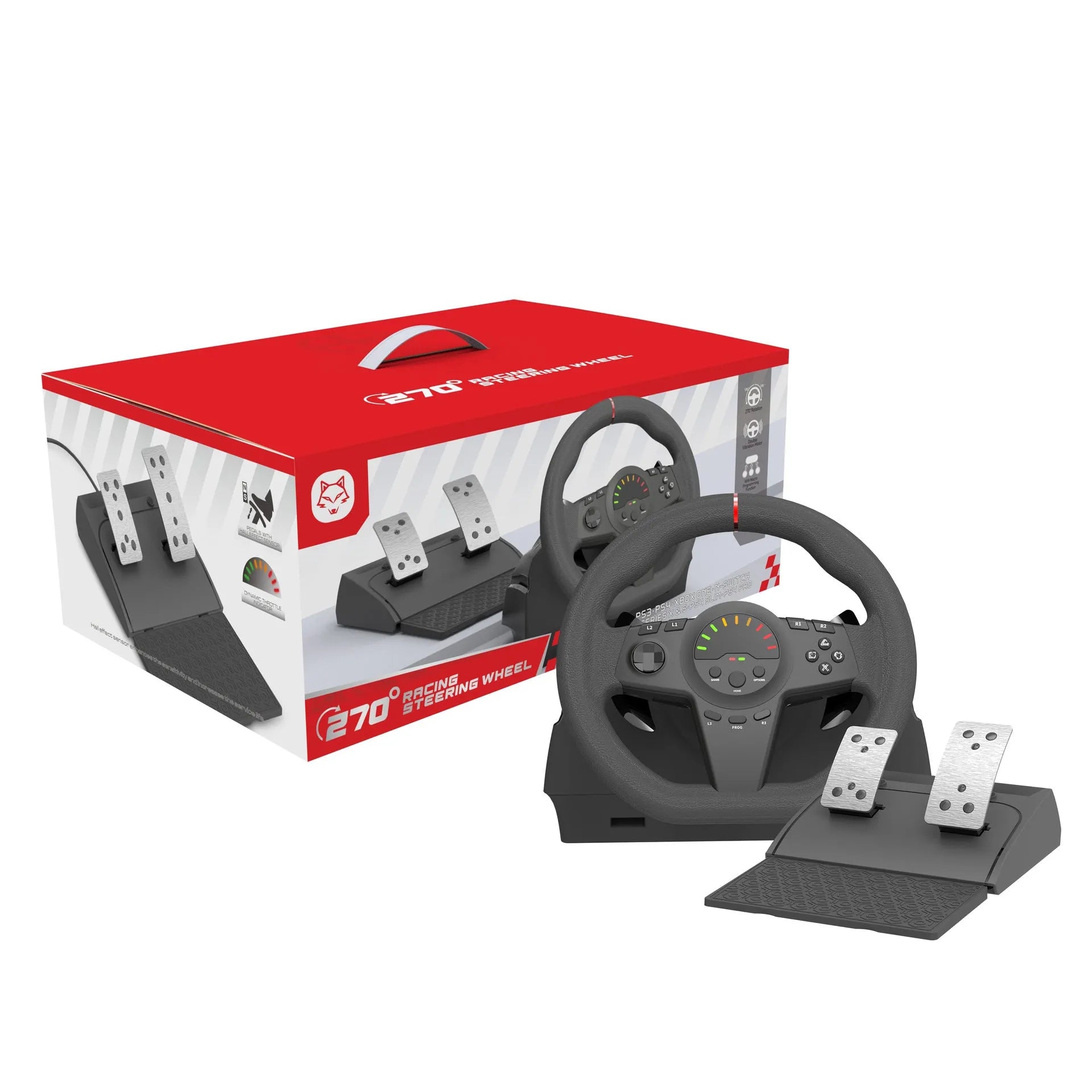 Black multi-platform USB steering wheel game controller with two pedals and vibration feedback.
