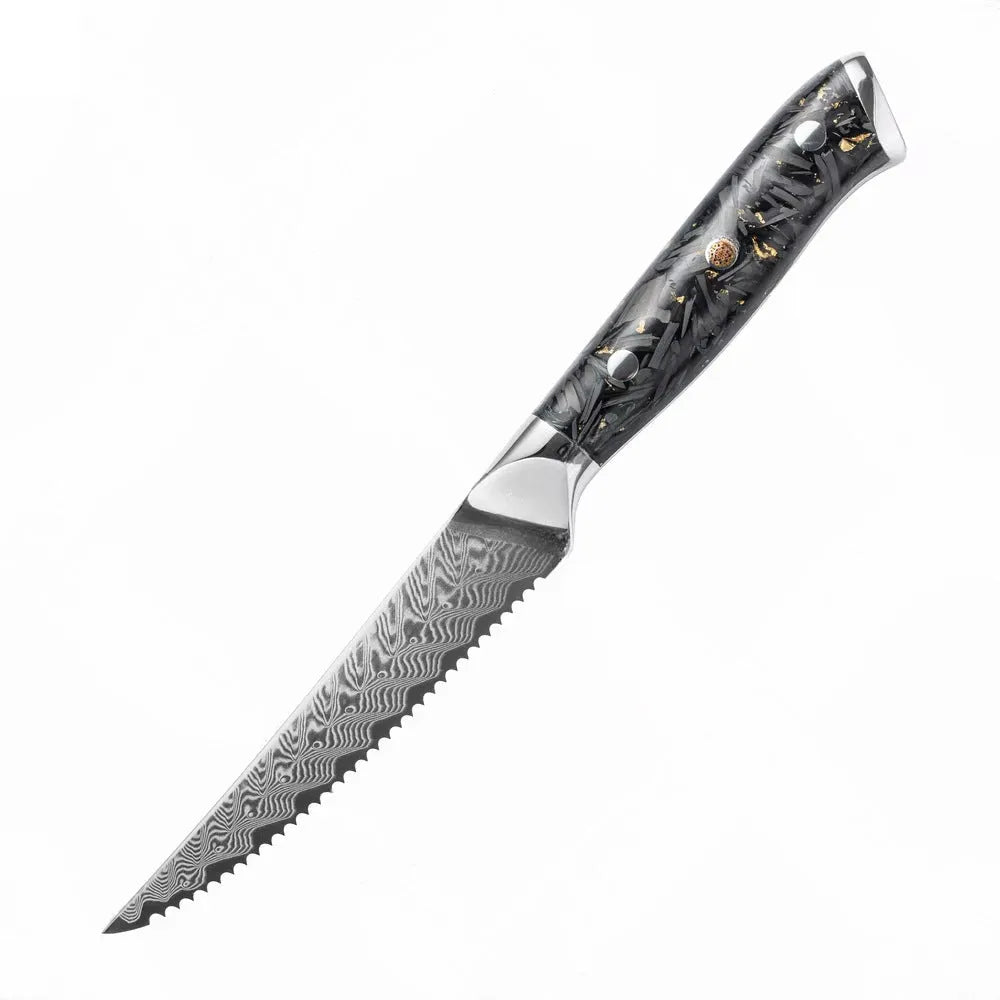 Eight-piece Damascus steel kitchen knife set showing fishbone pattern blades on a wooden surface.