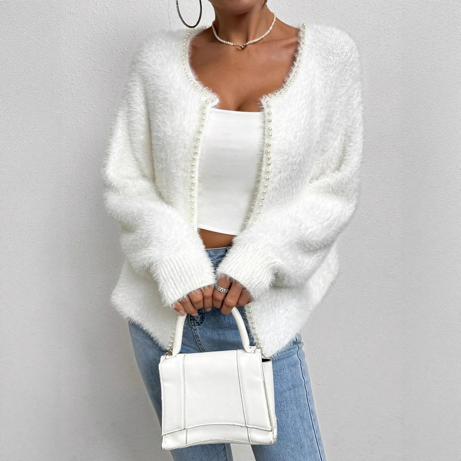 Women's white V-neck cardigan sweater made from polyester bead knitwear fabric